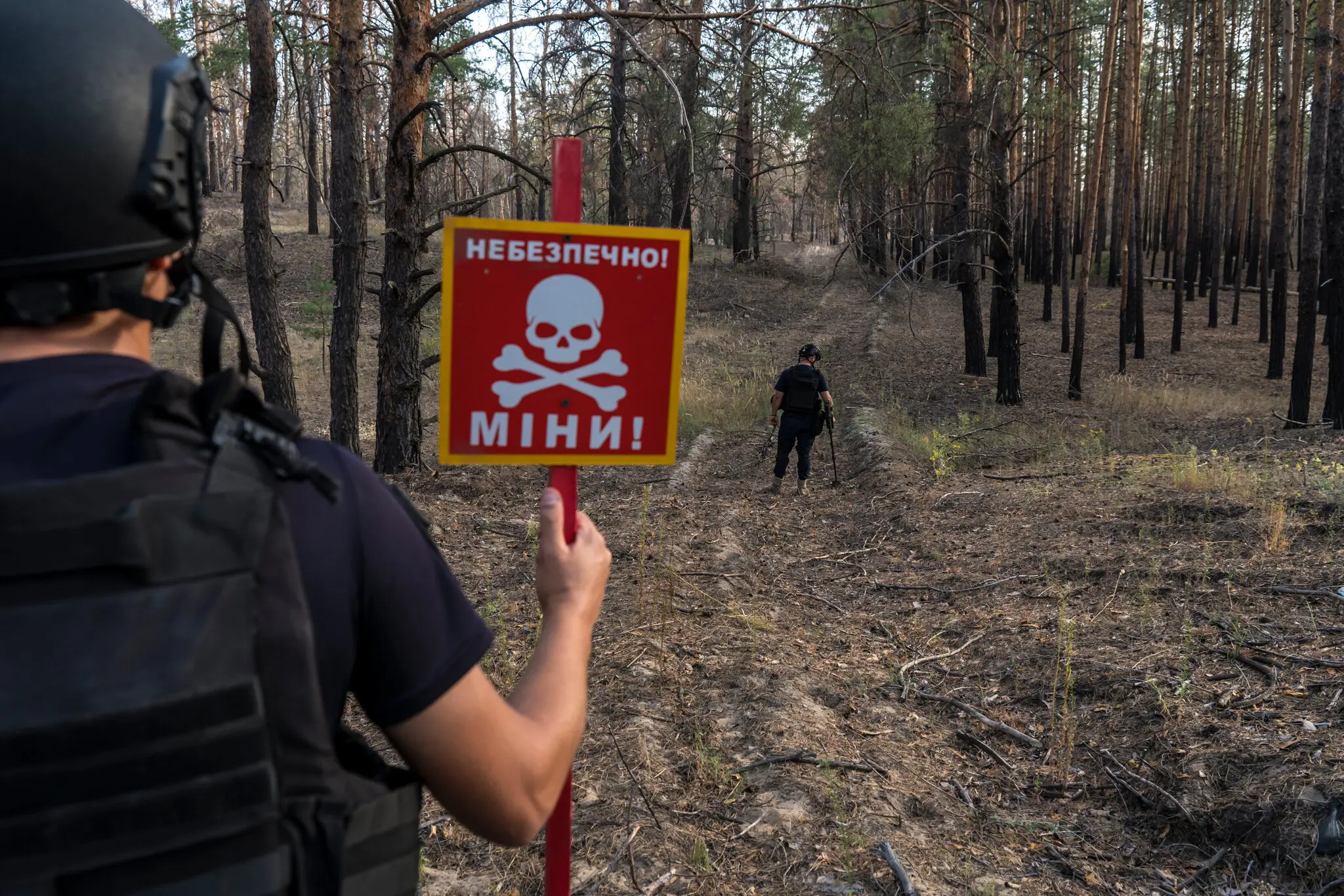 Співробітник служби порятунку тримає табличку з попередженням, що сусідній ліс замінований, коли його колега розчищає дорогу в Сосновому, Україна